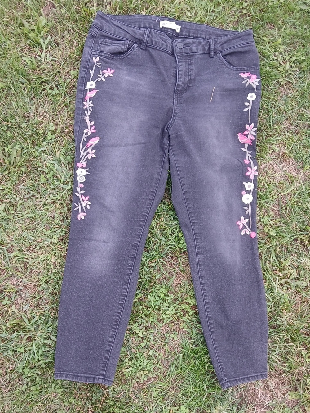 Artisan Ny Black Skinny Jeans with Pink & White Floral Embroidery
